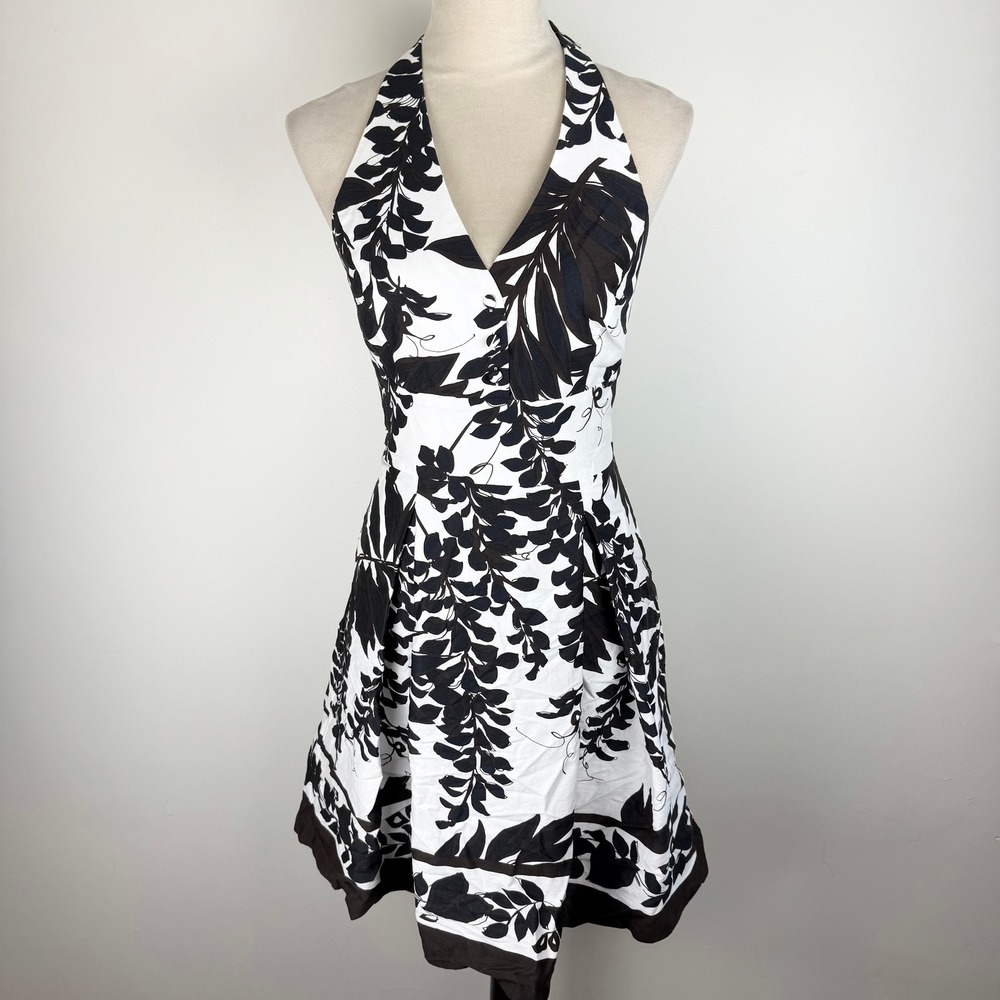 White House Black Market Halter Dress Black Brown White Tropical Floral Cotton 6